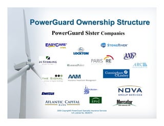 PowerGuard Ownership Structure
     PowerGuard Sister Companies




       2009 Copyright© PowerGuard Specialty Insurance Services
                      CA License No. 0B29370
 