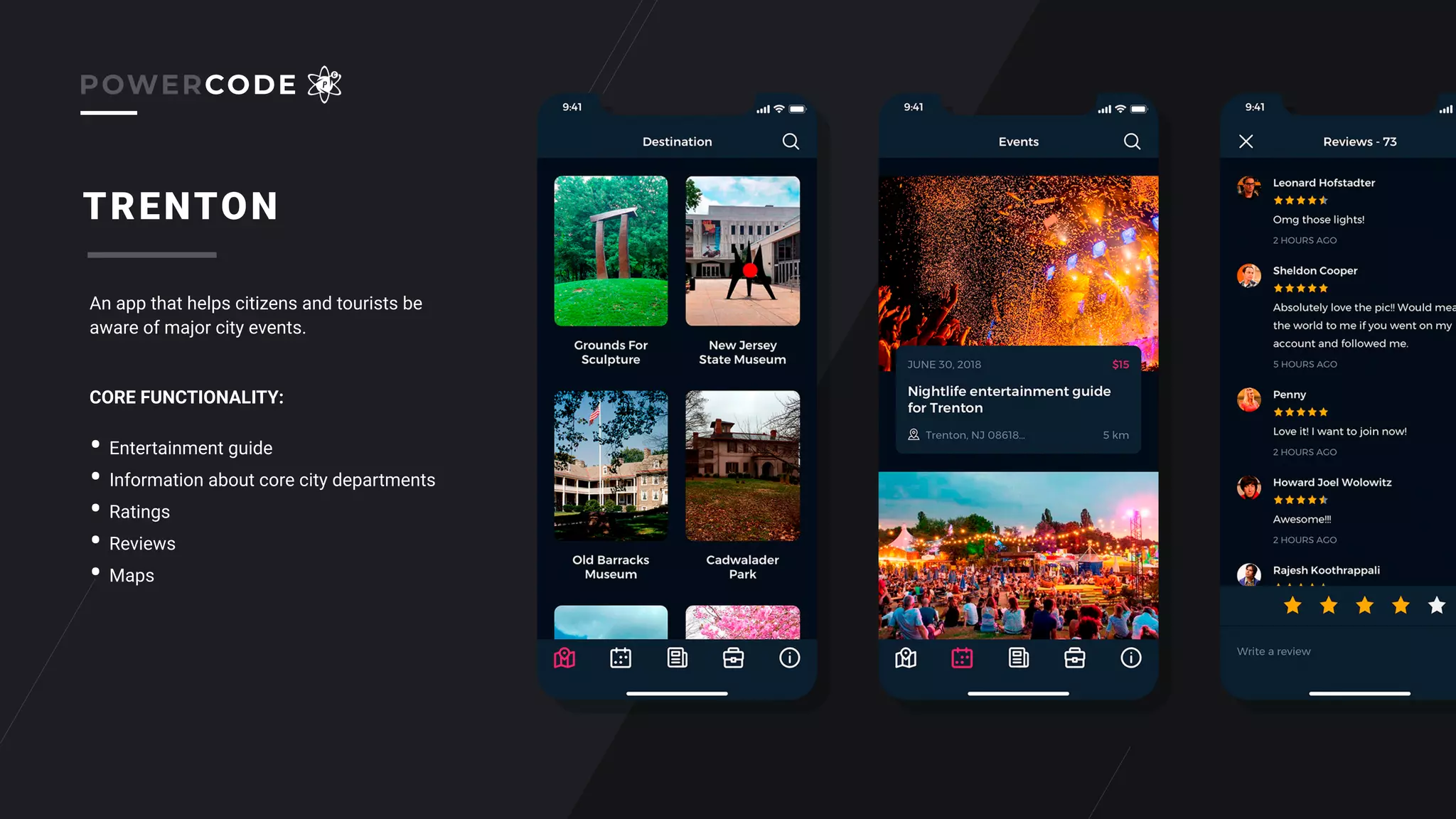 TRENTON
An app that helps citizens and tourists be
aware of major city events.
• Entertainment guide
• Information about core city departments
• Ratings
• Reviews
• Maps
CORE FUNCTIONALITY:
POWERCODE
 