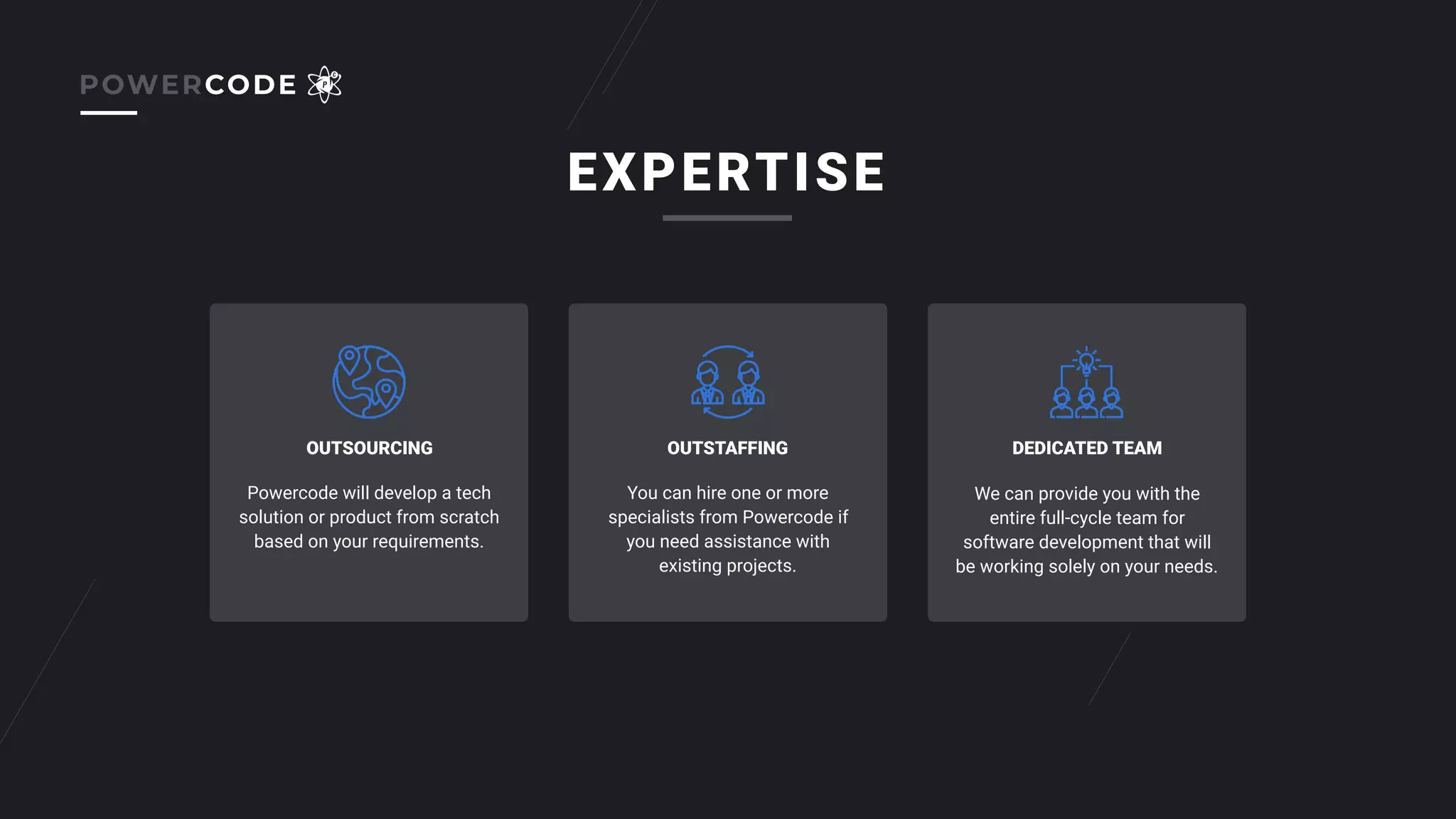 EXPERTISE
OUTSOURCING OUTSTAFFING DEDICATED TEAM
Powercode will develop a tech
solution or product from scratch
based on your requirements.
You can hire one or more
specialists from Powercode if
you need assistance with
existing projects.
We can provide you with the
entire full-cycle team for
software development that will
be working solely on your needs.
POWERCODE
 