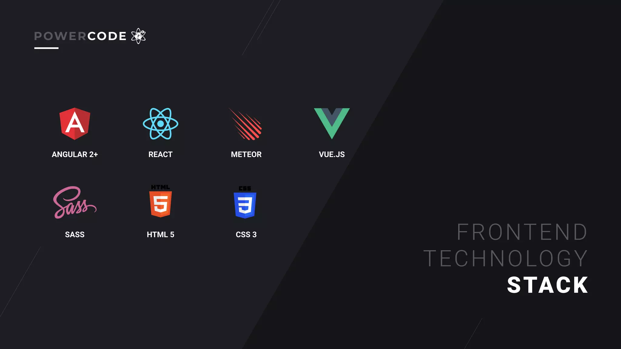 FRONTEND
TECHNOLOGY
STACK
ANGULAR 2+ REACT METEOR VUE.JS
SASS HTML 5 CSS 3
POWERCODE
 