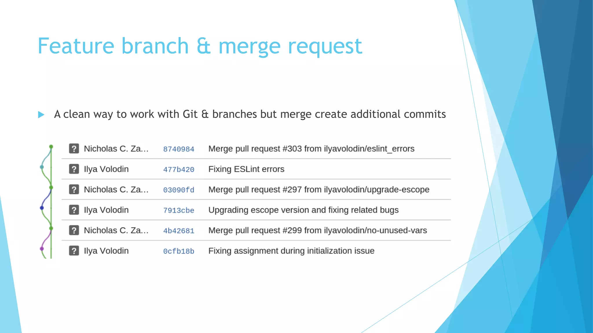 Feature branch & merge request
u A clean way to work with Git & branches but merge create additional commits
 