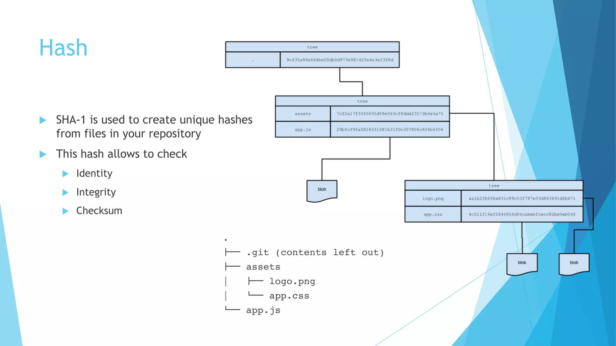 Hash
u SHA-1 is used to create unique hashes
from files in your repository
u This hash allows to check
u Identity
u Integrity
u Checksum
 
