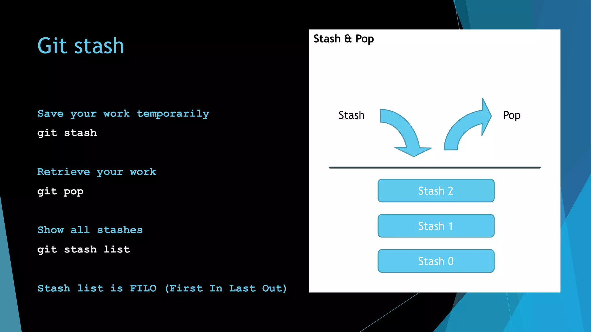 Git stash
Save your work temporarily
git stash
Retrieve your work
git pop
Show all stashes
git stash list
Stash list is FILO (First In Last Out)
Stash & Pop
Stash 0
Stash 1
Stash 2
Stash Pop
 