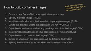 How to build container images
1. Create a new Dockerfile in your application source tree
2. Specify the base image (FROM)
3. Install dependencies with the Linux distro's package manager (RUN)
4. Define the directory where the application will run (WORKDIR)
5. Copy the dependency manifest, e.g. package.json, into the image (COPY)
6. Install direct dependencies of your application e.g. with npm (RUN)
7. Copy the source code into the image (COPY)
8. Define on which port the application will be listening (EXPOSE)
9. Specify the command to be run when the container starts (CMD)
 
