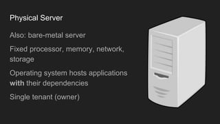 Physical Server
Also: bare-metal server
Fixed processor, memory, network,
storage
Operating system hosts applications
with their dependencies
Single tenant (owner)
 