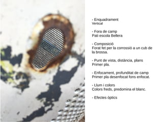 - Enquadrament
Vertical
- Fora de camp
Pati escola Bellera
- Composició
Forat fet per la corrossió a un cub de
la brossa.
- Punt de vista, distància, plans
Primer pla.
- Enfocament, profunditat de camp
Primer pla desenfocat fons enfocat.
- Llum i colors
Colors freds, predomina el blanc.
- Efectes òptics
 
