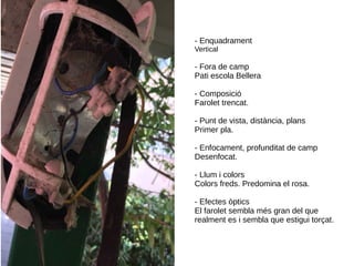 - Enquadrament
Vertical
- Fora de camp
Pati escola Bellera
- Composició
Farolet trencat.
- Punt de vista, distància, plans
Primer pla.
- Enfocament, profunditat de camp
Desenfocat.
- Llum i colors
Colors freds. Predomina el rosa.
- Efectes òptics
El farolet sembla més gran del que
realment es i sembla que estigui torçat.
 