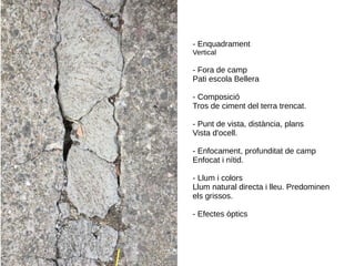 - Enquadrament
Vertical
- Fora de camp
Pati escola Bellera
- Composició
Tros de ciment del terra trencat.
- Punt de vista, distància, plans
Vista d'ocell.
- Enfocament, profunditat de camp
Enfocat i nítid.
- Llum i colors
Llum natural directa i lleu. Predominen
els grissos.
- Efectes òptics
 