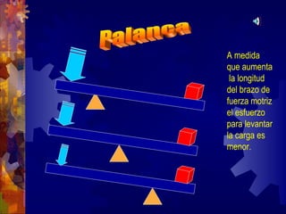 Palanca A medida que aumenta  la longitud del brazo de fuerza motriz el esfuerzo para levantar la carga es menor.  