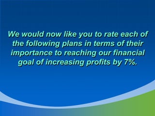 We would now like you to rate each of
 the following plans in terms of their
importance to reaching our financial
   goal of increasing profits by 7%.
 