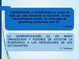 “DIFERENCIAR LA ENSEÑANZA es actuar de
modo que cada estudiante se encuentre, lo más
frecuentemente posible, en situaciones de
aprendizaje productivas para él”.
R. Anijovich
LA DIVERSIFICACIÓN ES UN MODO
ORGANIZADO Y FLEXIBLE DE AJUSTAR LA
ENSEÑANZA A LAS NECESIDADES DE LOS
ESTUDIANTES.
C. Tomlinson
 