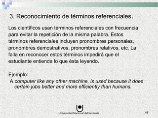 Universidad Nacional del Nordeste 17
3. Reconocimiento de términos referenciales.
Los científicos usan términos referenciales con frecuencia
para evitar la repetición de la misma palabra. Estos
términos referenciales incluyen pronombres personales,
pronombres demostrativos, pronombres relativos, etc. La
falla en reconocer estos términos impedirá que el
estudiante entienda lo que ésta leyendo.
Ejemplo:
A computer like any other machine, is used because it does
certain jobs better and more efficiently than humans.
 