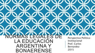 NORMAS LEGALES DE
LA EDUCACIÓN
ARGENTINA Y
BONAERENSE
Perspectiva Política-
Institucional
Prof. Carlos
Bernardez
2015
 