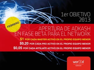 1er OBJETIVO
         O
                                                2013
      R
   RE
FEB
               APERTURA DE ADKASH
      EN FASE BETA PARA EL NETWORK
          $1 POR CADA MASTER ACTIVO EN EL PROPIO EQUIPO MENOR
          $0,20 POR CADA PRO ACTIVO EN EL PROPIO EQUIPO MENOR
      $0,05 POR CADA AFFILIATE ACTIVO EN EL PROPIO EQUIPO MENOR
 