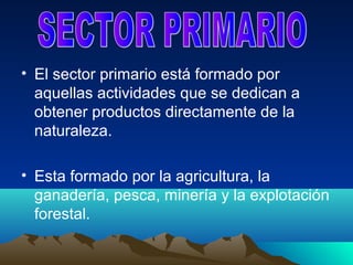 • El sector primario está formado por
  aquellas actividades que se dedican a
  obtener productos directamente de la
  naturaleza.

• Esta formado por la agricultura, la
  ganadería, pesca, minería y la explotación
  forestal.
 