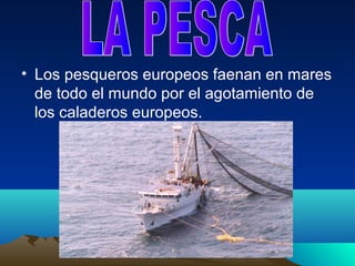 • Los pesqueros europeos faenan en mares
  de todo el mundo por el agotamiento de
  los caladeros europeos.
 