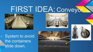 FIRST IDEA: Conveyor 
- System to avoid 
the containers 
slide down. 
 