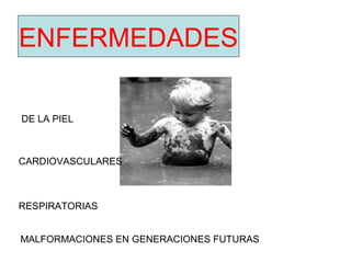 ENFERMEDADES
DE LA PIEL
CARDIOVASCULARES
MALFORMACIONES EN GENERACIONES FUTURAS
RESPIRATORIAS
 