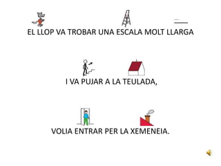 EL LLOP VA TROBAR UNA ESCALA MOLT LLARGA
I VA PUJAR A LA TEULADA,
VOLIA ENTRAR PER LA XEMENEIA.
 