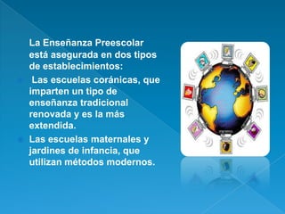 La Enseñanza Preescolar
    está asegurada en dos tipos
    de establecimientos:
    Las escuelas coránicas, que
    impa...