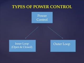 TYPES OF POWER CONTROL

                  Power
                  Control




  Inner Loop                Outer Loop
(Open & Closed)
 