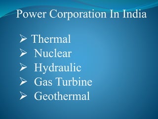Power Corporation In India
 Thermal
 Nuclear
 Hydraulic
 Gas Turbine
 Geothermal
 