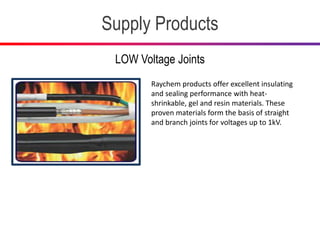 Supply Products
LOW Voltage Joints
Raychem products offer excellent insulating
and sealing performance with heat-
shrinkable, gel and resin materials. These
proven materials form the basis of straight
and branch joints for voltages up to 1kV.
 