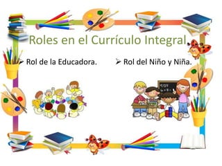 Roles en el Currículo Integral.
 Rol de la Educadora.  Rol del Niño y Niña.
 