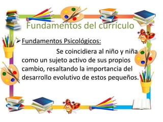 Fundamentos del currículo
Fundamentos Psicológicos:
Se coincidiera al niño y niña
como un sujeto activo de sus propios
cambio, resaltando la importancia del
desarrollo evolutivo de estos pequeños.
 