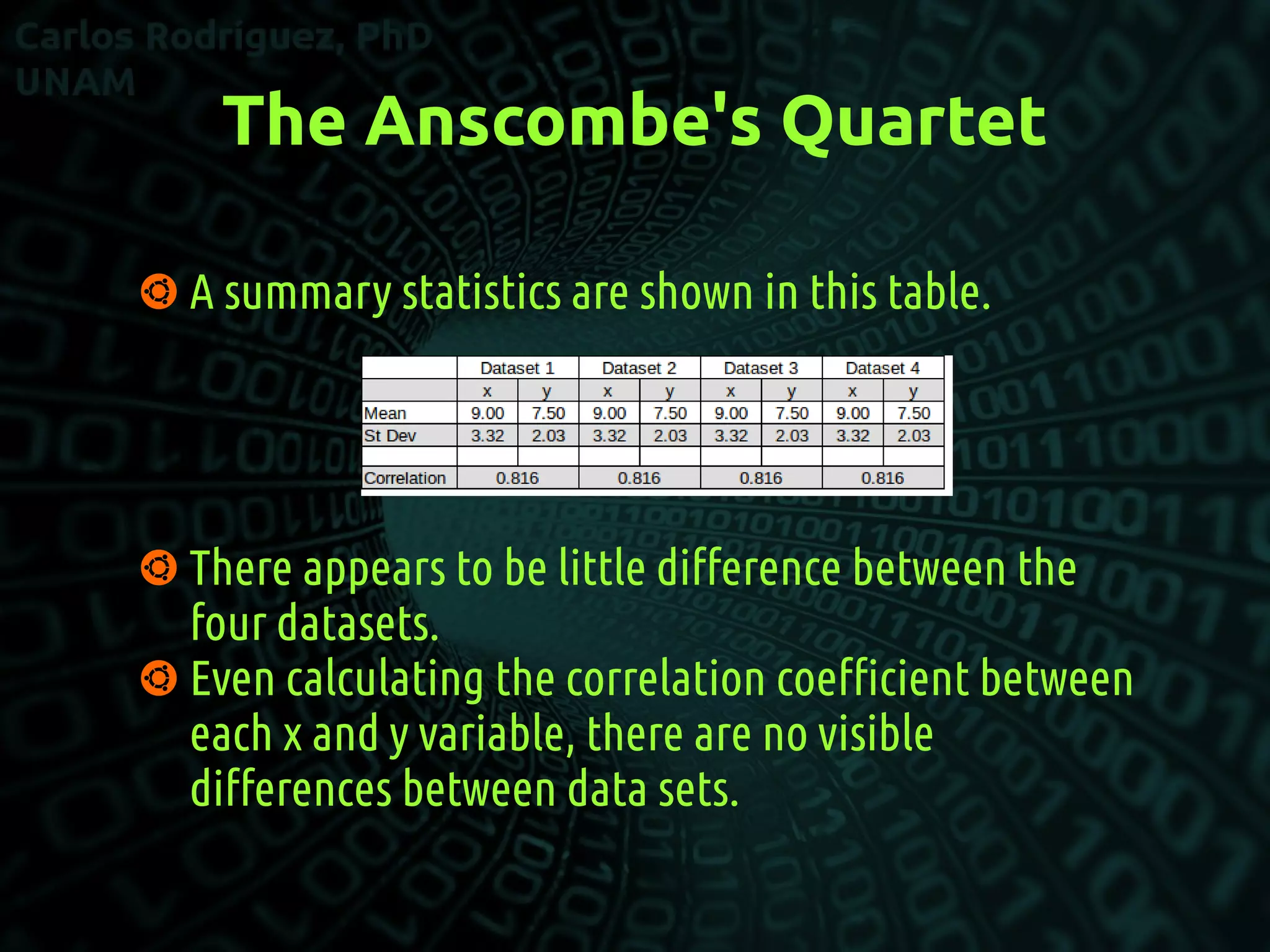 The Anscombe's Quartet
 A summary statistics are shown in this table.
 There appears to be little diference between the
four datasets.
 Even calculating the correlation coefcient between
each x and y variable, there are no visible
diferences between data sets.
 