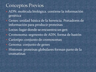  ADN: molécula biológica. contiene la información
    genética
   Genes: unidad básica de la herencia. Portadores de
    información para producir proteínas
   Locus: lugar donde se encuentra un gen
   Cromosoma: segmento de ADN, forma de bastón
   Cariotipo: conjunto de cromosomas
   Genoma: conjunto de genes
   Histonas: proteínas globulares forman parte de la
    cromatinas
 