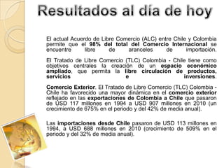 El actual Acuerdo de Libre Comercio (ALC) entre Chile y Colombia
permite que el 98% del total del Comercio Internacional se
encuentre libre de aranceles de importación.
El Tratado de Libre Comercio (TLC) Colombia - Chile tiene como
objetivos centrales la creación de un espacio económico
ampliado, que permita la libre circulación de productos,
servicios e inversiones.
Comercio Exterior. El Tratado de Libre Comercio (TLC) Colombia -
Chile ha favorecido una mayor dinámica en el comercio exterior
reflejado en las exportaciones de Colombia a Chile que pasaron
de USD 117 millones en 1994 a USD 907 millones en 2010 (un
crecimiento de 675% en el periodo y del 42% de media anual).
Las importaciones desde Chile pasaron de USD 113 millones en
1994, a USD 688 millones en 2010 (crecimiento de 509% en el
periodo y del 32% de media anual).
 