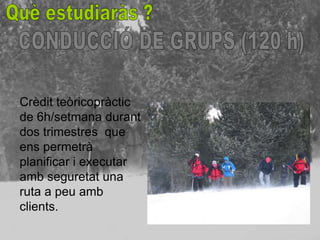 Crèdit teòricopràctic
de 6h/setmana durant
dos trimestres que
ens permetrà
planificar i executar
amb seguretat una
ruta a peu amb
clients.
 
