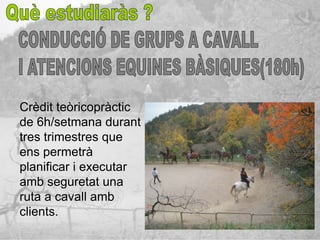 Crèdit teòricopràctic
de 6h/setmana durant
tres trimestres que
ens permetrà
planificar i executar
amb seguretat una
ruta a cavall amb
clients.
 