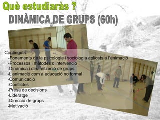 Continguts:
 -Fonaments de la psicologia i sociologia aplicats a l’animació
 -Processos i mètodes d’intervenció
 -Dinàmica i dinamització de grups
 -L’animació com a educació no formal
 -Comunicació
 -Conflictes
 -Presa de decisions
 -Lideratge
 -Direcció de grups
 -Motivació
 