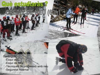Continguts:
 -Esquí alpí
 -Esquí de fons
 -Tècniques de progressió amb neu
 -Seguretat hivernal
 