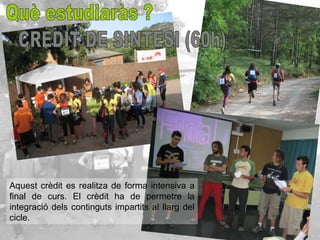 Aquest crèdit es realitza de forma intensiva a
final de curs. El crèdit ha de permetre la
integració dels continguts impartits al llarg del
cicle.
 