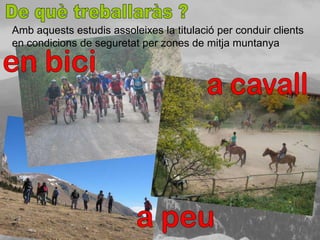 Amb aquests estudis assoleixes la titulació per conduir clients
en condicions de seguretat per zones de mitja muntanya
 