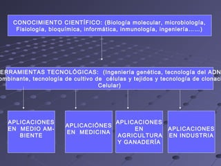 CONOCIMIENTO CIENTÍFICO: (Biología molecular, microbiología,
Fisiología, bioquímica, informática, inmunología, ingeniería……)
ERRAMIENTAS TECNOLÓGICAS: (Ingeniería genética, tecnología del ADN
ombinante, tecnología de cultivo de células y tejidos y tecnología de clonaci
Celular)
APLICACIONES
EN MEDIO AM-
BIENTE
APLICACIÓNES
EN MEDICINA
APLICACIONES
EN
AGRICULTURA
Y GANADERÍA
APLICACIONES
EN INDUSTRIA
 