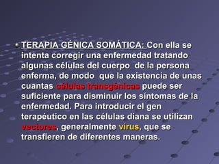 TERAPIA GÉNICA SOMÁTICA:TERAPIA GÉNICA SOMÁTICA: Con ella seCon ella se
intenta corregir una enfermedad tratandointenta corregir una enfermedad tratando
algunas células del cuerpo de la personaalgunas células del cuerpo de la persona
enferma, de modo que la existencia de unasenferma, de modo que la existencia de unas
cuantascuantas células transgénicascélulas transgénicas puede serpuede ser
suficiente para disminuir los síntomas de lasuficiente para disminuir los síntomas de la
enfermedad. Para introducir el genenfermedad. Para introducir el gen
terapéutico en las células diana se utilizanterapéutico en las células diana se utilizan
vectoresvectores, generalmente, generalmente virusvirus, que se, que se
transfieren de diferentes maneras.transfieren de diferentes maneras.
 