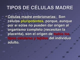TIPOS DE CÉLULAS MADRETIPOS DE CÉLULAS MADRE
Células madre embrionarias:Células madre embrionarias: SonSon
célulascélulas pluripotentespluripotentes, porque, aunque, porque, aunque
por sí solas no pueden dar origen alpor sí solas no pueden dar origen al
organismo completo (necesitan laorganismo completo (necesitan la
placenta), son el origen deplacenta), son el origen de todos lostodos los
tipos celulares y tejidostipos celulares y tejidos del individuodel individuo
adulto.adulto.
 