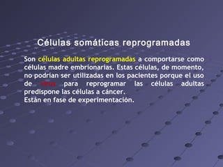 Células somáticas reprogramadas
Son células adultas reprogramadas a comportarse como
células madre embrionarias. Estas células, de momento,
no podrían ser utilizadas en los pacientes porque el uso
de virus para reprogramar las células adultas
predispone las células a cáncer.
Están en fase de experimentación.
 
