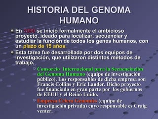 HISTORIA DEL GENOMAHISTORIA DEL GENOMA
HUMANOHUMANO
EnEn 19901990 se inició formalmente el ambiciosose inició formalmente el ambicioso
proyecto, ideado para localizar, secuenciar yproyecto, ideado para localizar, secuenciar y
estudiar la función de todos los genes humanos, conestudiar la función de todos los genes humanos, con
unun plazo de 15 años.plazo de 15 años.
Esta tarea fue desarrollada por dos equipos deEsta tarea fue desarrollada por dos equipos de
investigación, que utilizaron distintos métodos deinvestigación, que utilizaron distintos métodos de
trabajo.trabajo.

Consorcio Internacional para la SecuenciaciónConsorcio Internacional para la Secuenciación
del Genoma Humanodel Genoma Humano (equipo de investigación(equipo de investigación
público). Los responsables de dicha empresa sonpúblico). Los responsables de dicha empresa son
Francis Collins y Eric Lander. Dicho proyectoFrancis Collins y Eric Lander. Dicho proyecto
fue financiado en gran parte por los gobiernosfue financiado en gran parte por los gobiernos
de EEUU y el Reino Unido.de EEUU y el Reino Unido.

Empresa Celera GenomicsEmpresa Celera Genomics (equipo de(equipo de
investigación privada) cuyo responsable es Craiginvestigación privada) cuyo responsable es Craig
venter.venter.
 