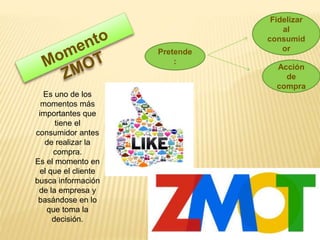 Es uno de los
momentos más
importantes que
tiene el
consumidor antes
de realizar la
compra.
Es el momento en
el que el cliente
busca información
de la empresa y
basándose en lo
que toma la
decisión.
Pretende
:
Fidelizar
al
consumid
or
Acción
de
compra
 