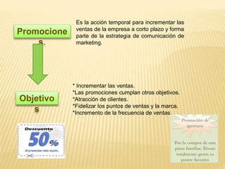 Promocione
s.
Objetivo
s
Es la acción temporal para incrementar las
ventas de la empresa a corto plazo y forma
parte de la estrategia de comunicación de
marketing.
* Incrementar las ventas.
*Las promociones cumplan otros objetivos.
*Atracción de clientes.
*Fidelizar los puntos de ventas y la marca.
*Incremento de la frecuencia de ventas.
 