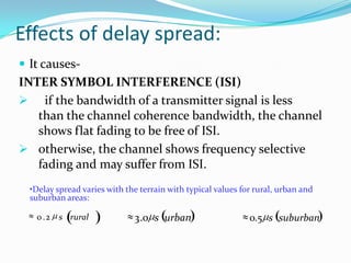 Effects of delay spread:
 It causes-
INTER SYMBOL INTERFERENCE (ISI)
 if the bandwidth of a transmitter signal is less
   than the channel coherence bandwidth, the channel
   shows flat fading to be free of ISI.
 otherwise, the channel shows frequency selective
   fading and may suffer from ISI.
  •Delay spread varies with the terrain with typical values for rural, urban and
  suburban areas:

   0 .2   s rural             3 .0 s urban                    0.5 s suburban
 