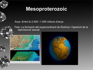 Mesoproterozoic Anys: Entre fa 2.500 i 1.000 milions d'anys. Fets: La formació del supercontinent de Rodínia i l'aparició de la reproducció sexual. 