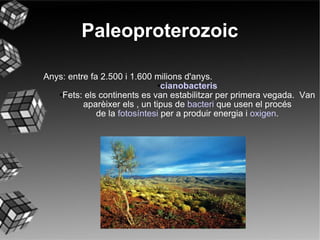 Paleoproterozoic Anys: entre fa 2.500 i 1.600 milions d'anys.  cianobacteris Fets: els continents es van estabilitzar per primera vegada.  Van aparèixer els   , un tipus de  bacteri  que usen el procés   de la  fotosíntesi  per a produir energia i  oxigen .  