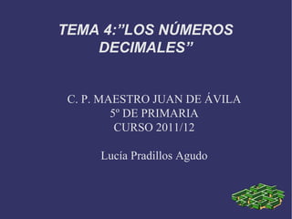 TEMA 4:”LOS NÚMEROS
    DECIMALES”


 C. P. MAESTRO JUAN DE ÁVILA
         5º DE PRIMARIA
          CURSO 2011/12

      Lucía Pradillos Agudo
 