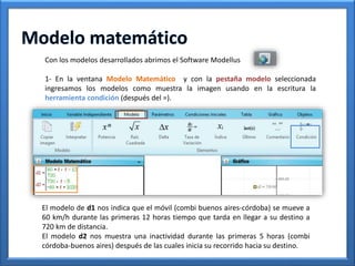 Con los modelos desarrollados abrimos el Software Modellus 
1- En la ventana Modelo Matemático y con la pestaña modelo seleccionada 
ingresamos los modelos como muestra la imagen usando en la escritura la 
herramienta condición (después del =). 
El modelo de d1 nos indica que el móvil (combi buenos aires-córdoba) se mueve a 
60 km/h durante las primeras 12 horas tiempo que tarda en llegar a su destino a 
720 km de distancia. 
El modelo d2 nos muestra una inactividad durante las primeras 5 horas (combi 
córdoba-buenos aires) después de las cuales inicia su recorrido hacia su destino. 
 